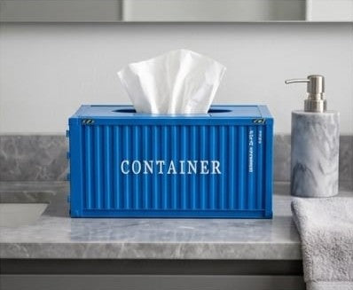 Metal blue cargo shipping container design tissue box