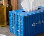 Metal blue cargo shipping container design tissue box