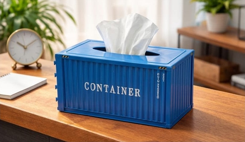 Metal blue cargo shipping container design tissue box