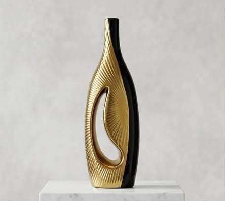 Modern Black and Gold Ceramic Vase with Geometric Hollow Center