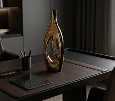 Modern Black and Gold Ceramic Vase with Geometric Hollow Center