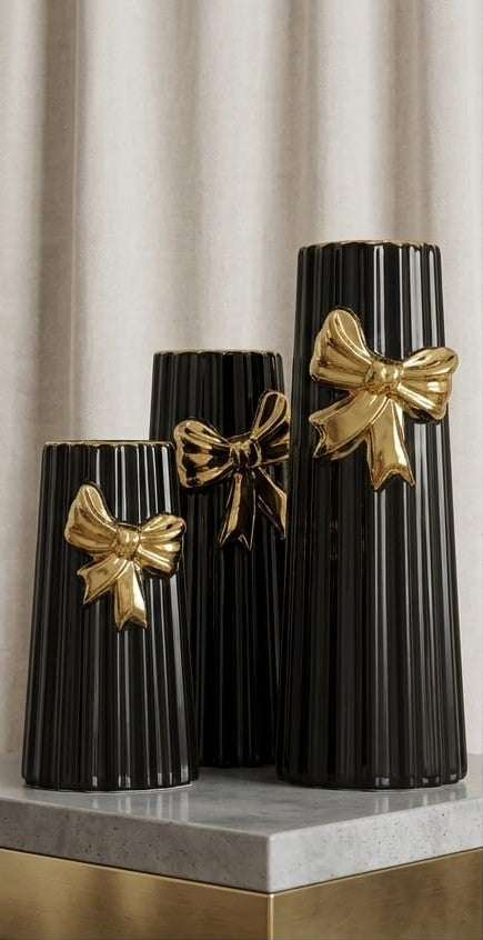 Ceramic, black-striped bow vases