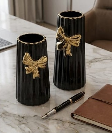 Ceramic, black-striped bow vases