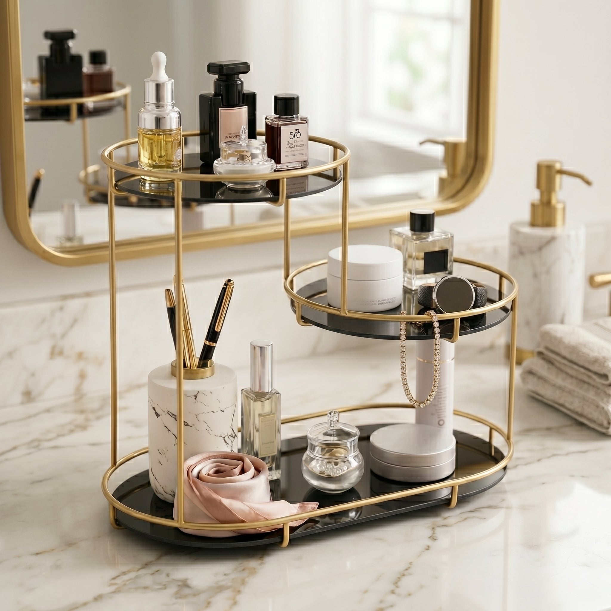 3 Layer Mini Marble Cosmetic Makeup Organizer Rack