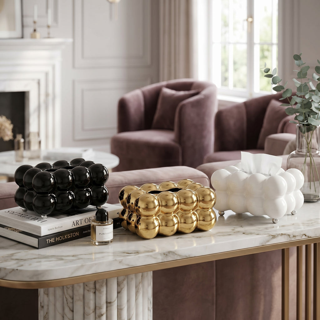 CERAMIC BUBBLE DESIGN TISSUE BOX HOLDER – LUXURY VILLA TABLETOP DECOR