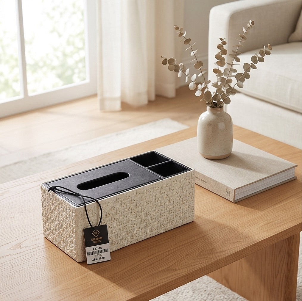 Luxury Vegan Leather Desk Organizer with Built-in Tissue Box Holder & Stationery Slots