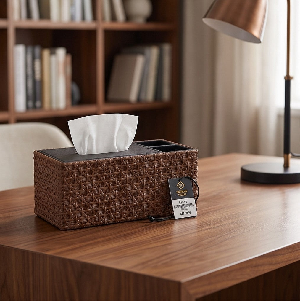 Luxury Vegan Leather Desk Organizer with Built-in Tissue Box Holder & Stationery Slots