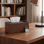 Luxury Vegan Leather Desk Organizer with Built-in Tissue Box Holder & Stationery Slots