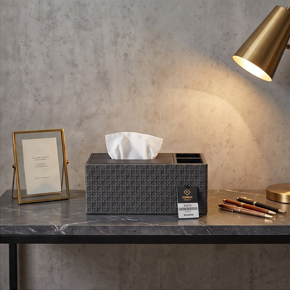 Luxury Vegan Leather Desk Organizer with Built-in Tissue Box Holder & Stationery Slots