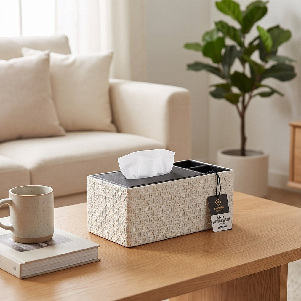 Luxury Vegan Leather Desk Organizer with Built-in Tissue Box Holder & Stationery Slots