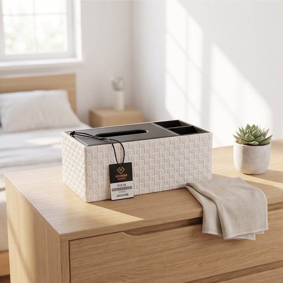 Luxury Vegan Leather Desk Organizer with Built-in Tissue Box Holder & Stationery Slots