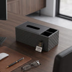 Luxury Vegan Leather Desk Organizer with Built-in Tissue Box Holder & Stationery Slots