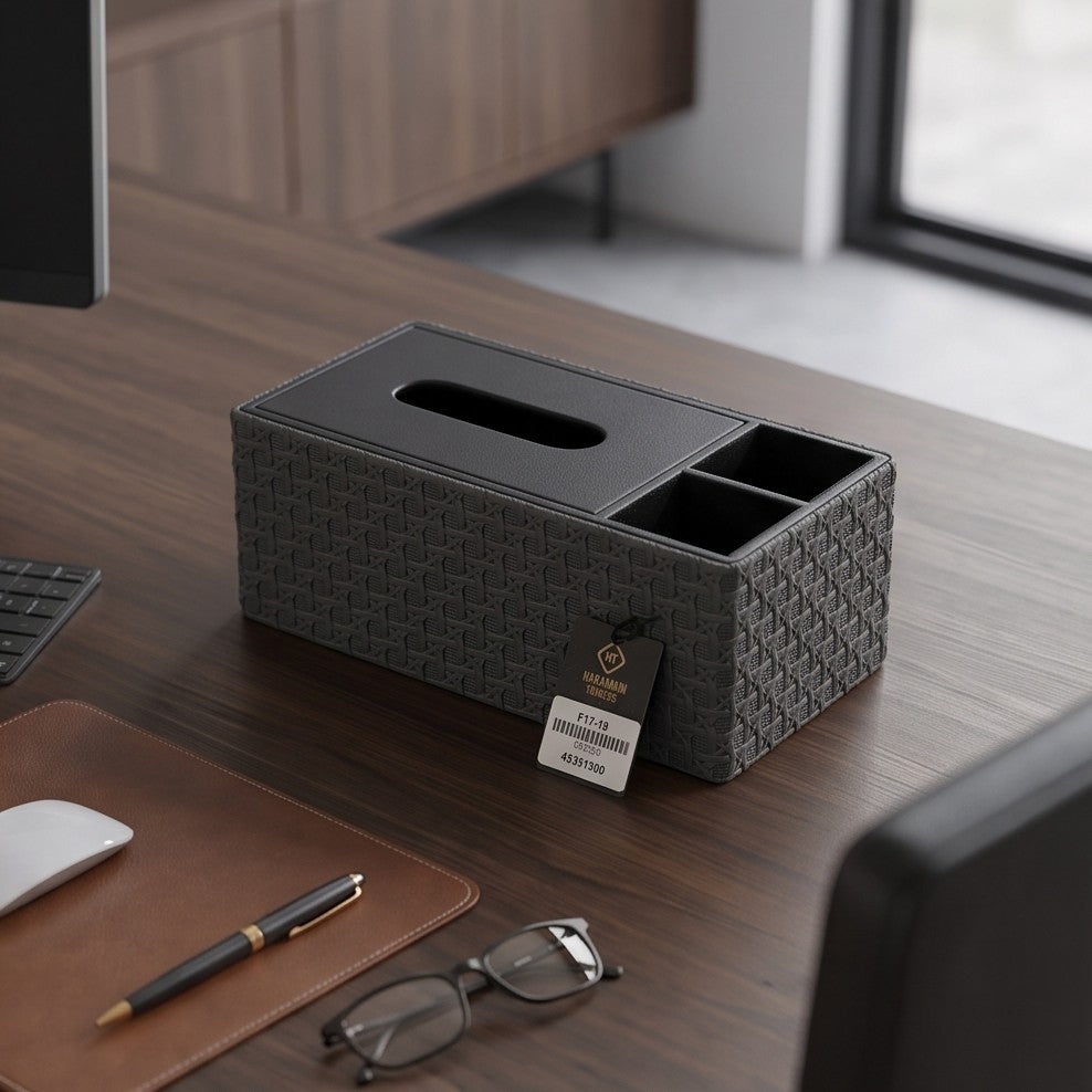 Luxury Vegan Leather Desk Organizer with Built-in Tissue Box Holder & Stationery Slots