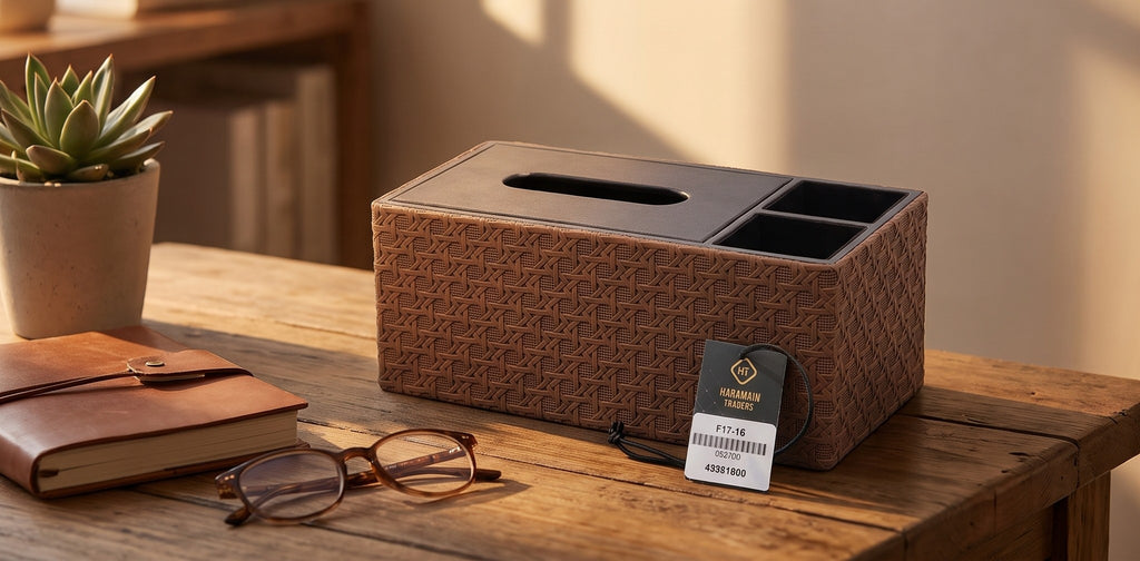 Luxury Vegan Leather Desk Organizer with Built-in Tissue Box Holder & Stationery Slots