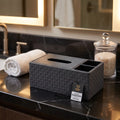 Luxury Vegan Leather Desk Organizer with Built-in Tissue Box Holder & Stationery Slots