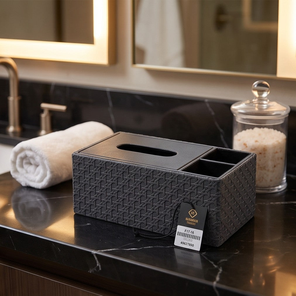 Luxury Vegan Leather Desk Organizer with Built-in Tissue Box Holder & Stationery Slots