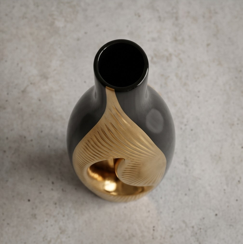 Modern Black and Gold Ceramic Vase with Geometric Hollow Center