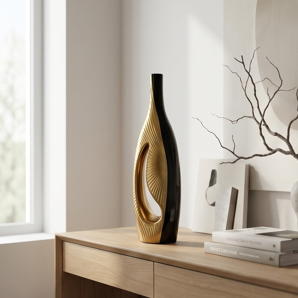 Modern Black and Gold Ceramic Vase with Geometric Hollow Center