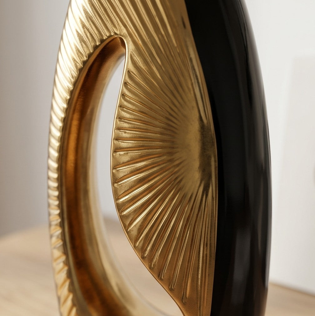 Modern Black and Gold Ceramic Vase with Geometric Hollow Center