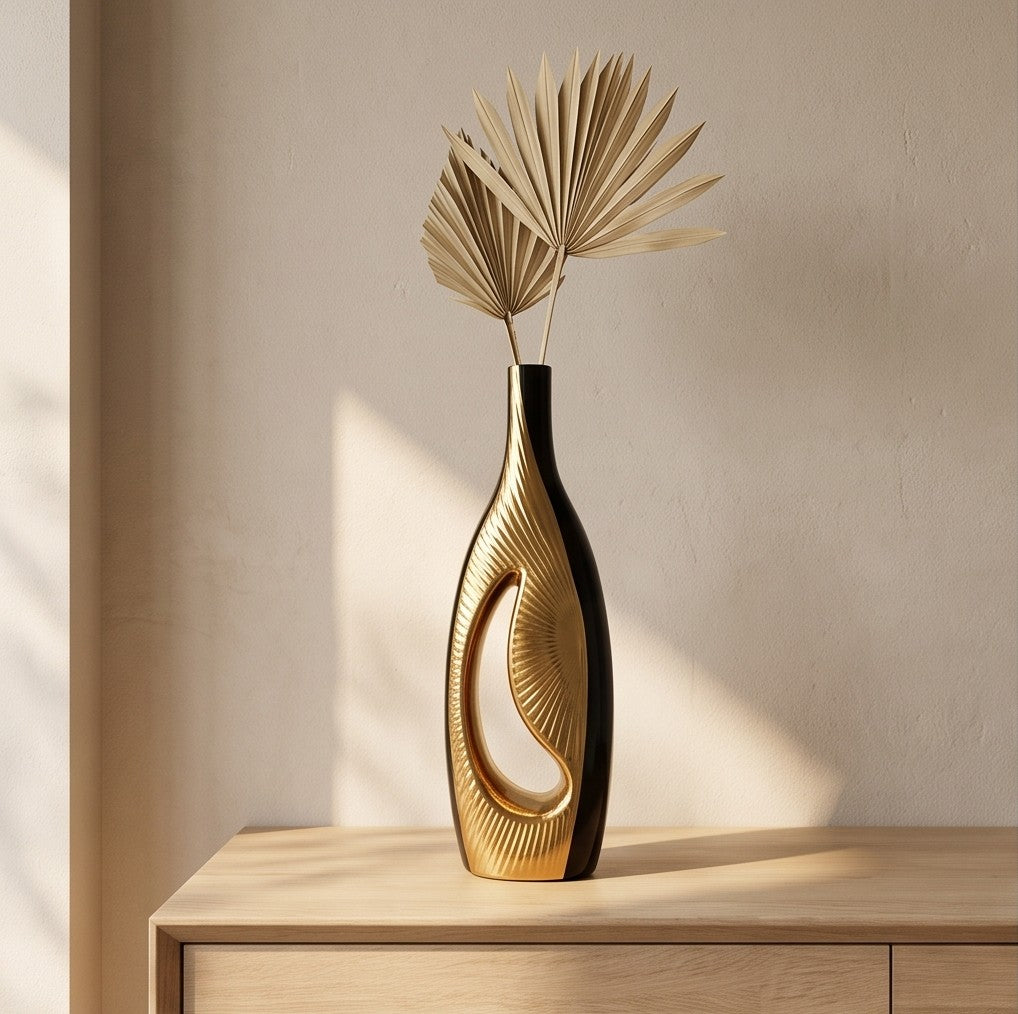 Modern Black and Gold Ceramic Vase with Geometric Hollow Center