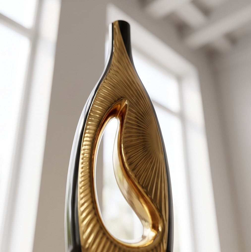 Modern Black and Gold Ceramic Vase with Geometric Hollow Center