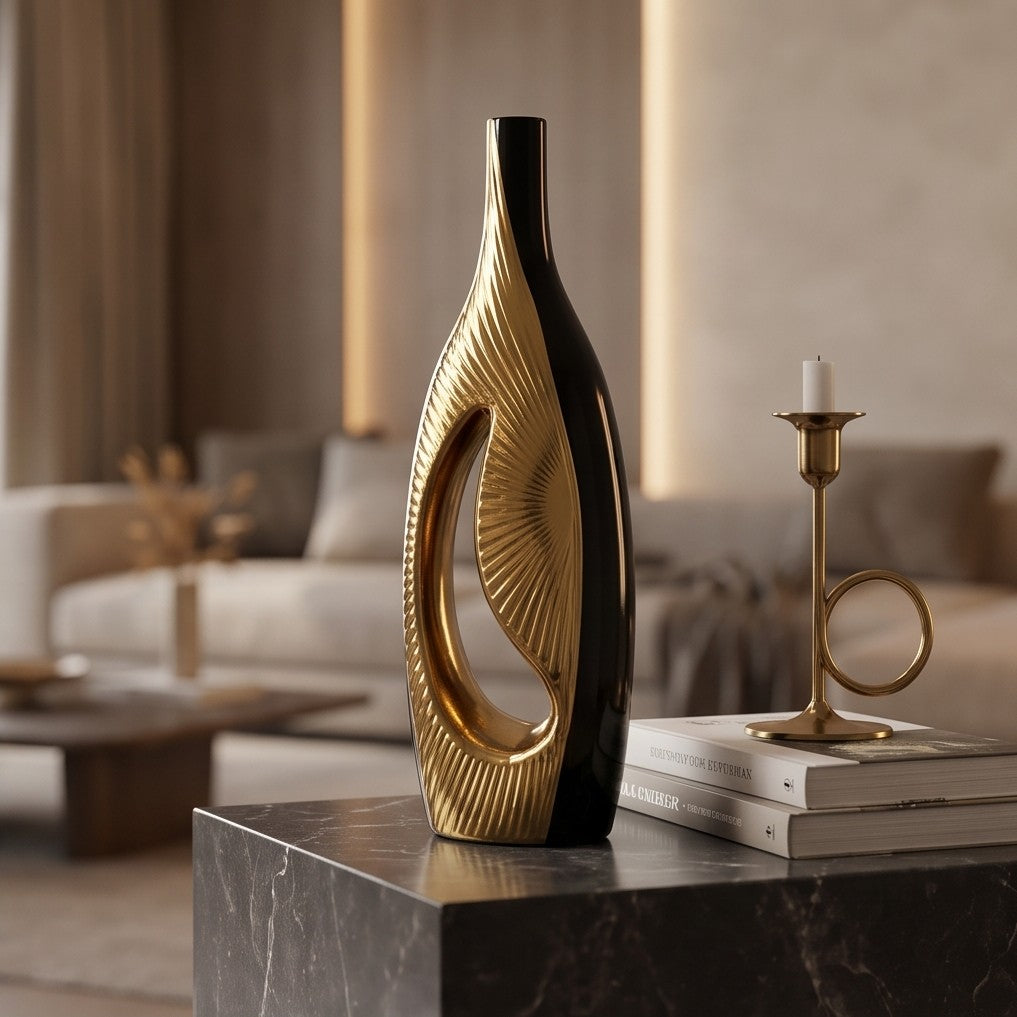 Modern Black and Gold Ceramic Vase with Geometric Hollow Center