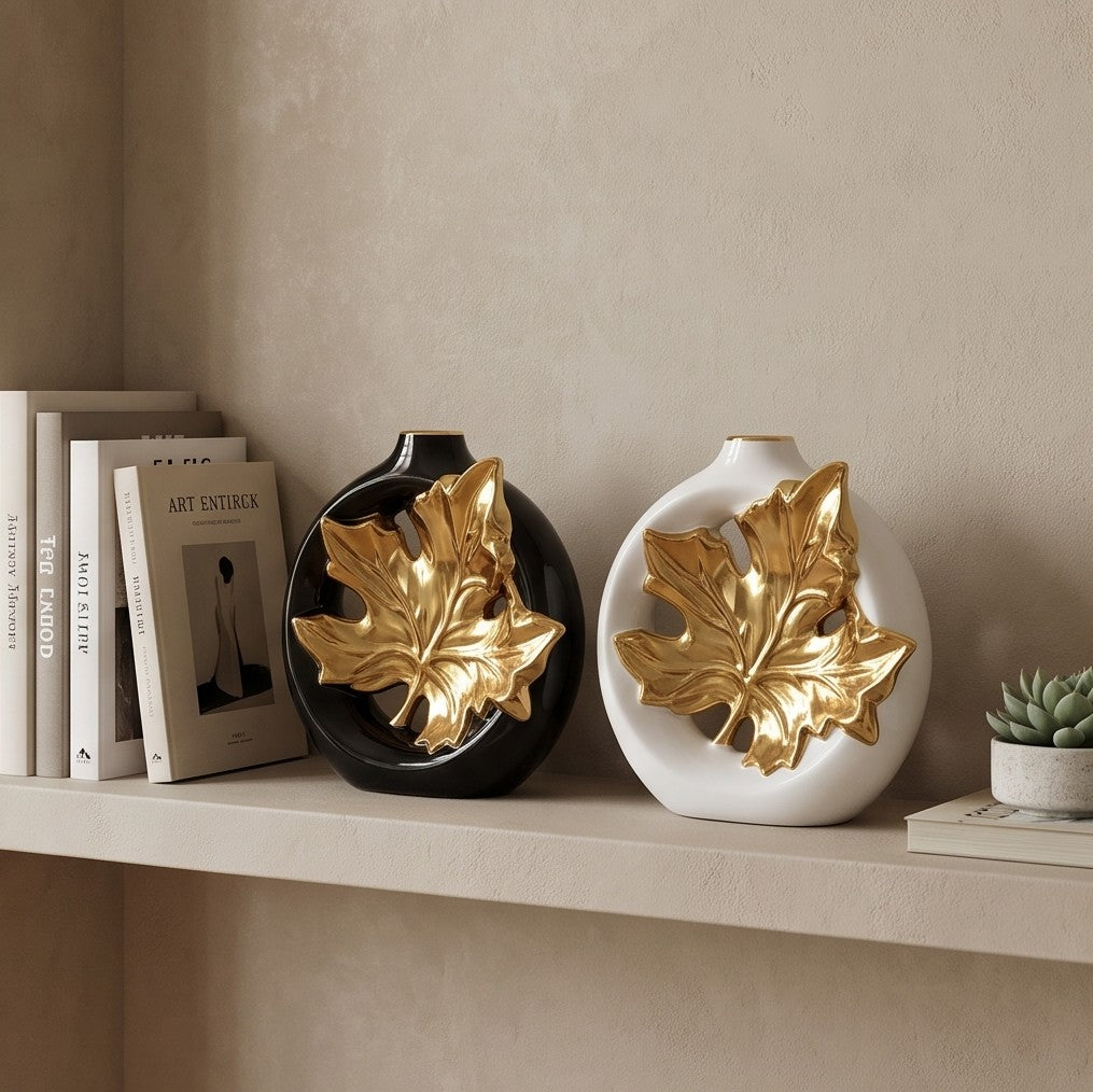 Luxury Golden Maple Leaf Ceramic Vase