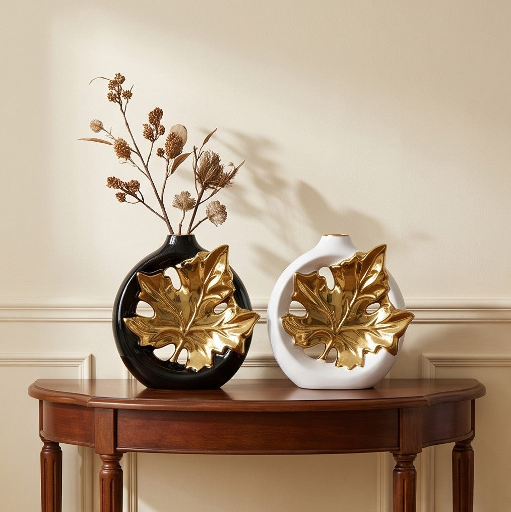 Luxury Golden Maple Leaf Ceramic Vase