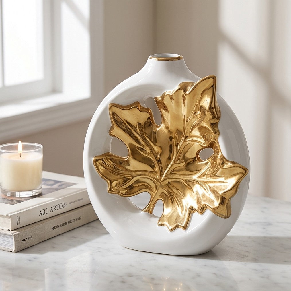 Luxury Golden Maple Leaf Ceramic Vase