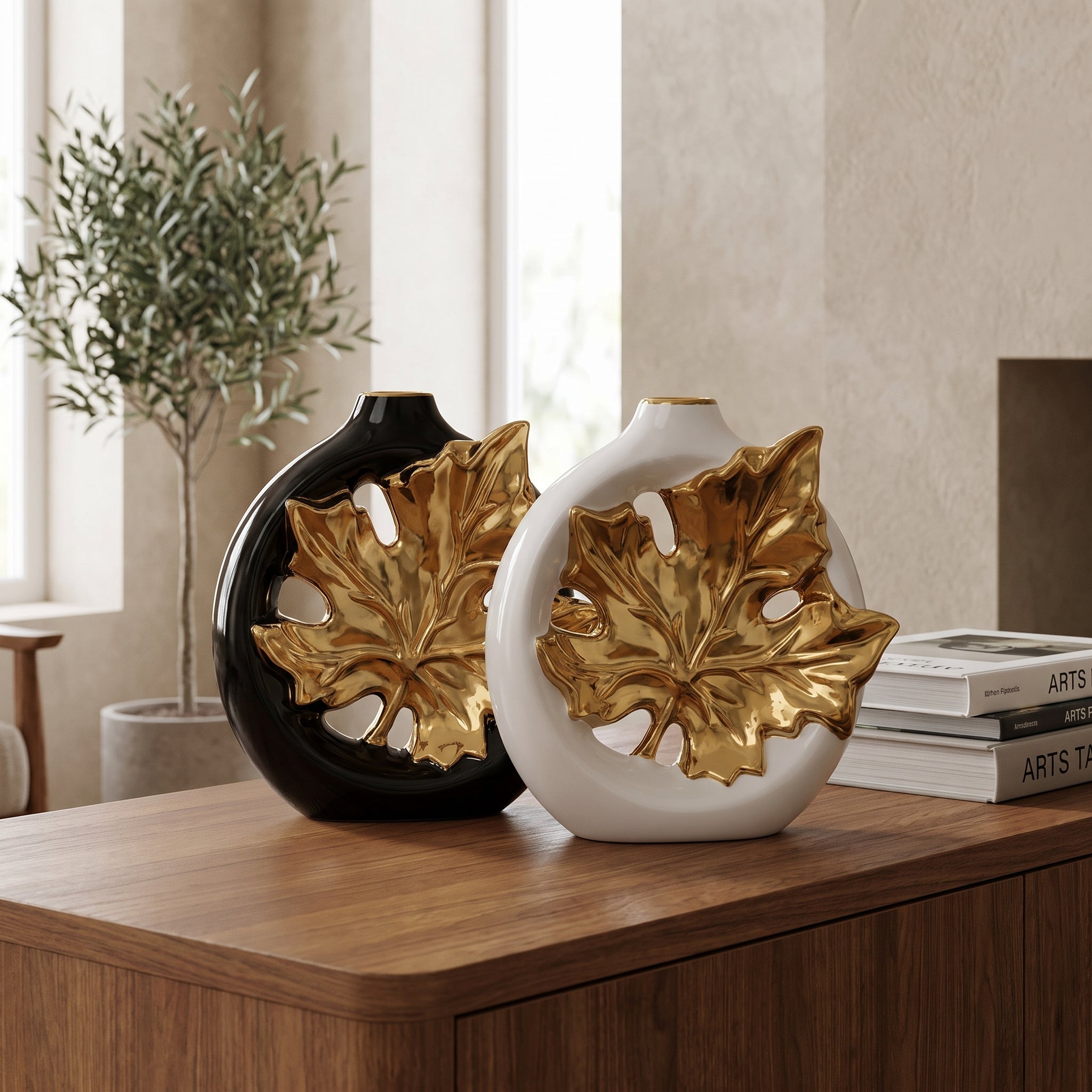 Luxury Golden Maple Leaf Ceramic Vase