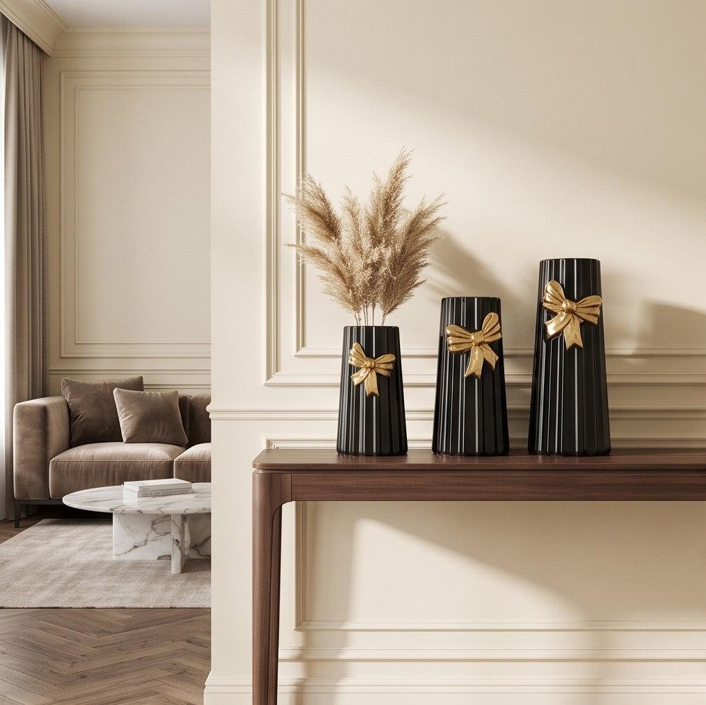 Ceramic, black-striped bow vases