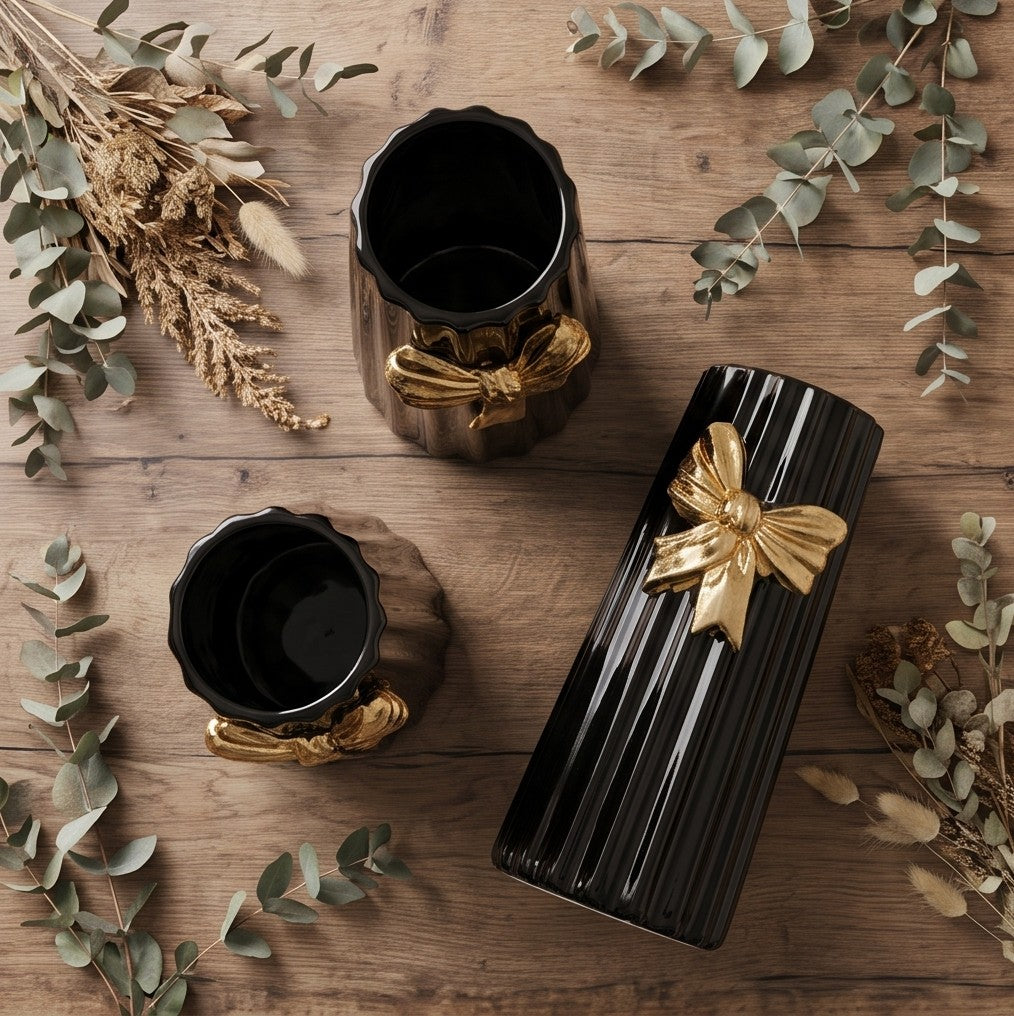 Ceramic, black-striped bow vases