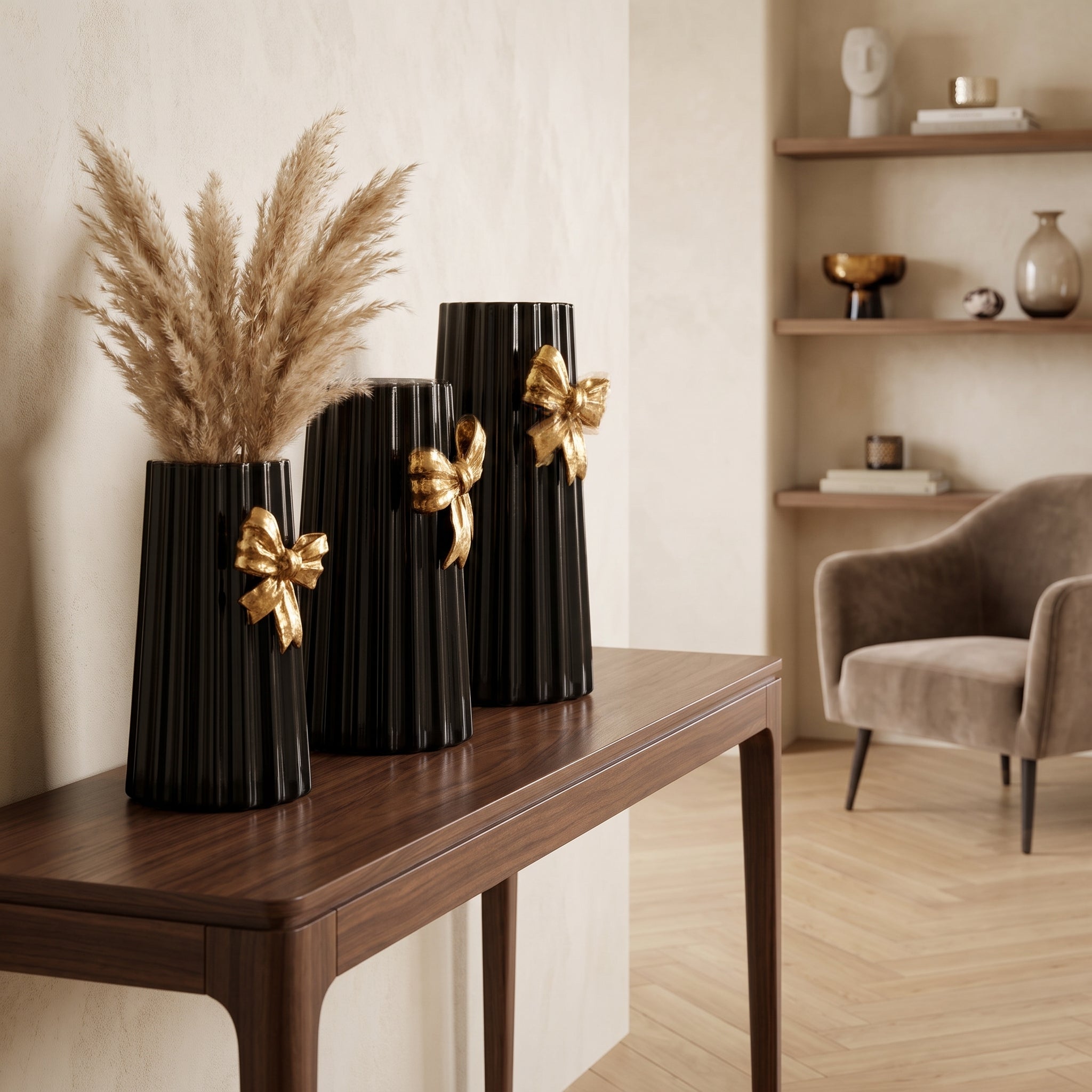 Ceramic, black-striped bow vases