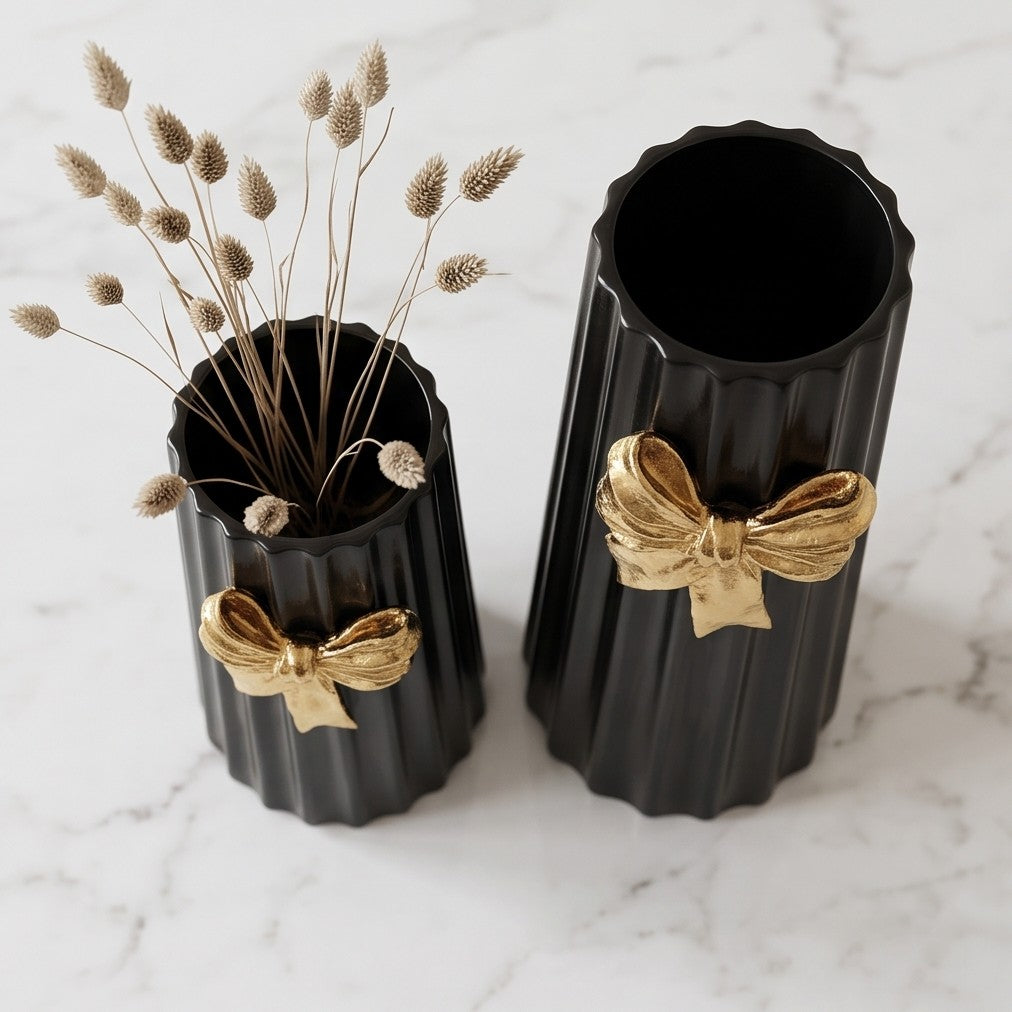 Ceramic, black-striped bow vases