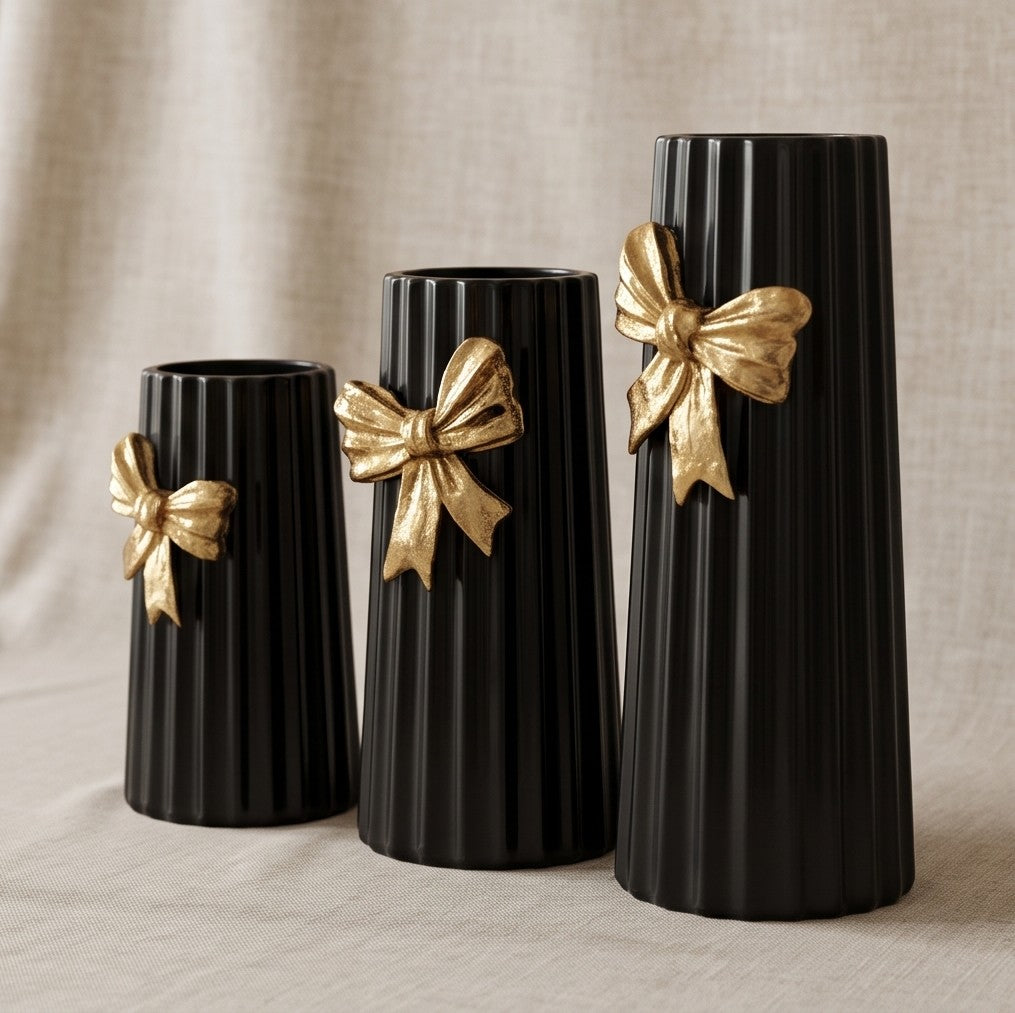 Ceramic, black-striped bow vases