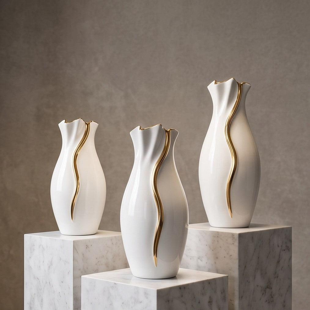 Gold Wave high-gloss white ceramic vases