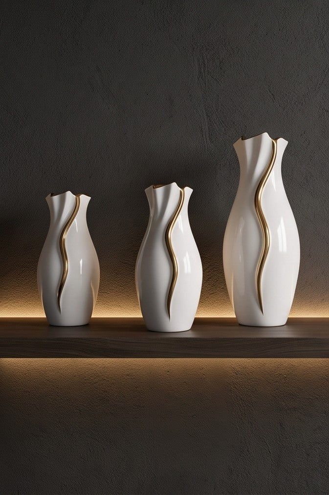 Gold Wave high-gloss white ceramic vases