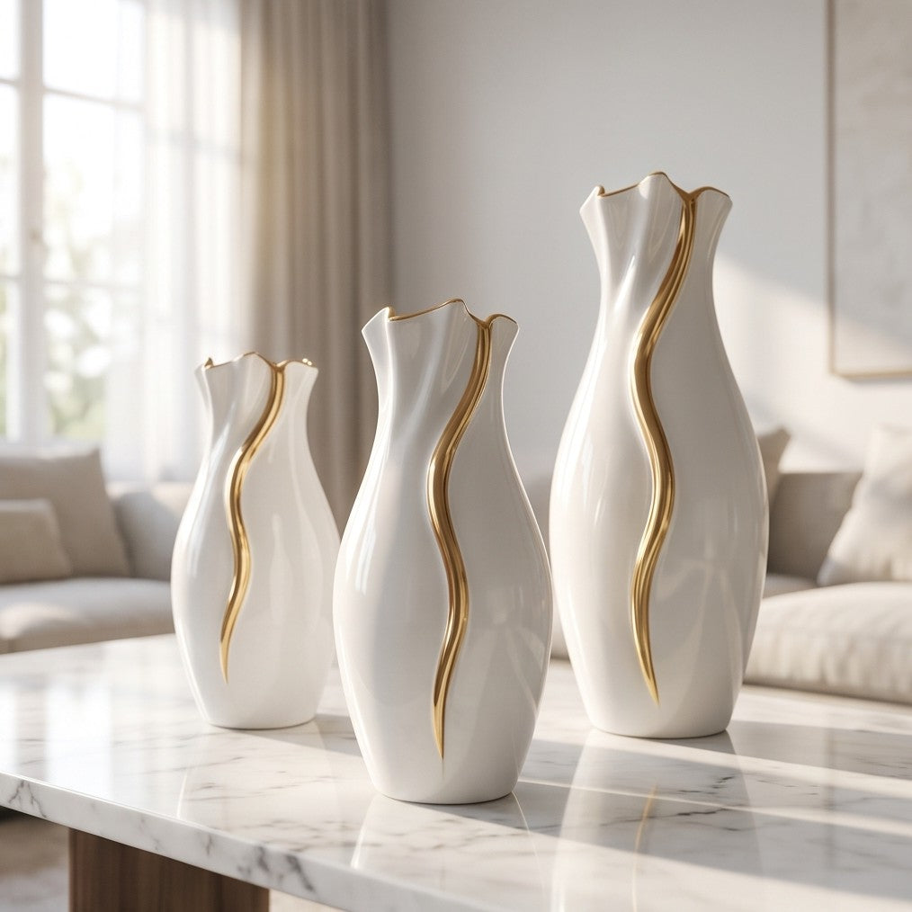 Gold Wave high-gloss white ceramic vases