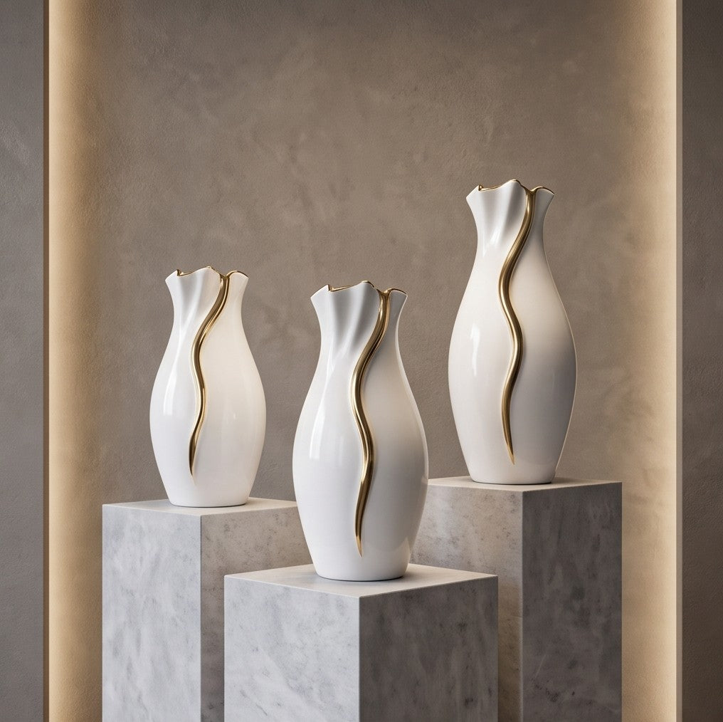 Gold Wave high-gloss white ceramic vases