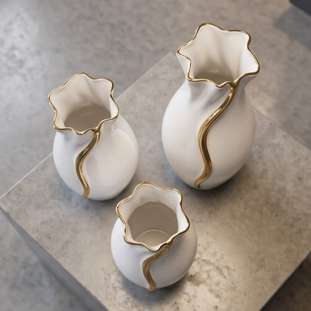 Gold Wave high-gloss white ceramic vases