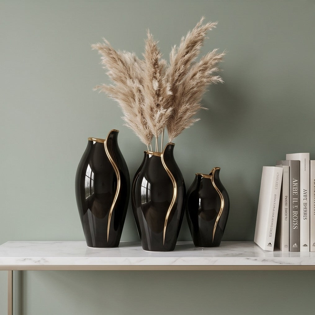 Gold Wave Black Ceramic Vase Set