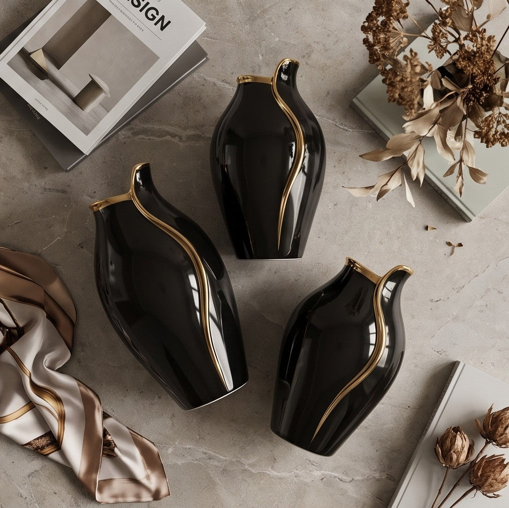 Gold Wave Black Ceramic Vase Set