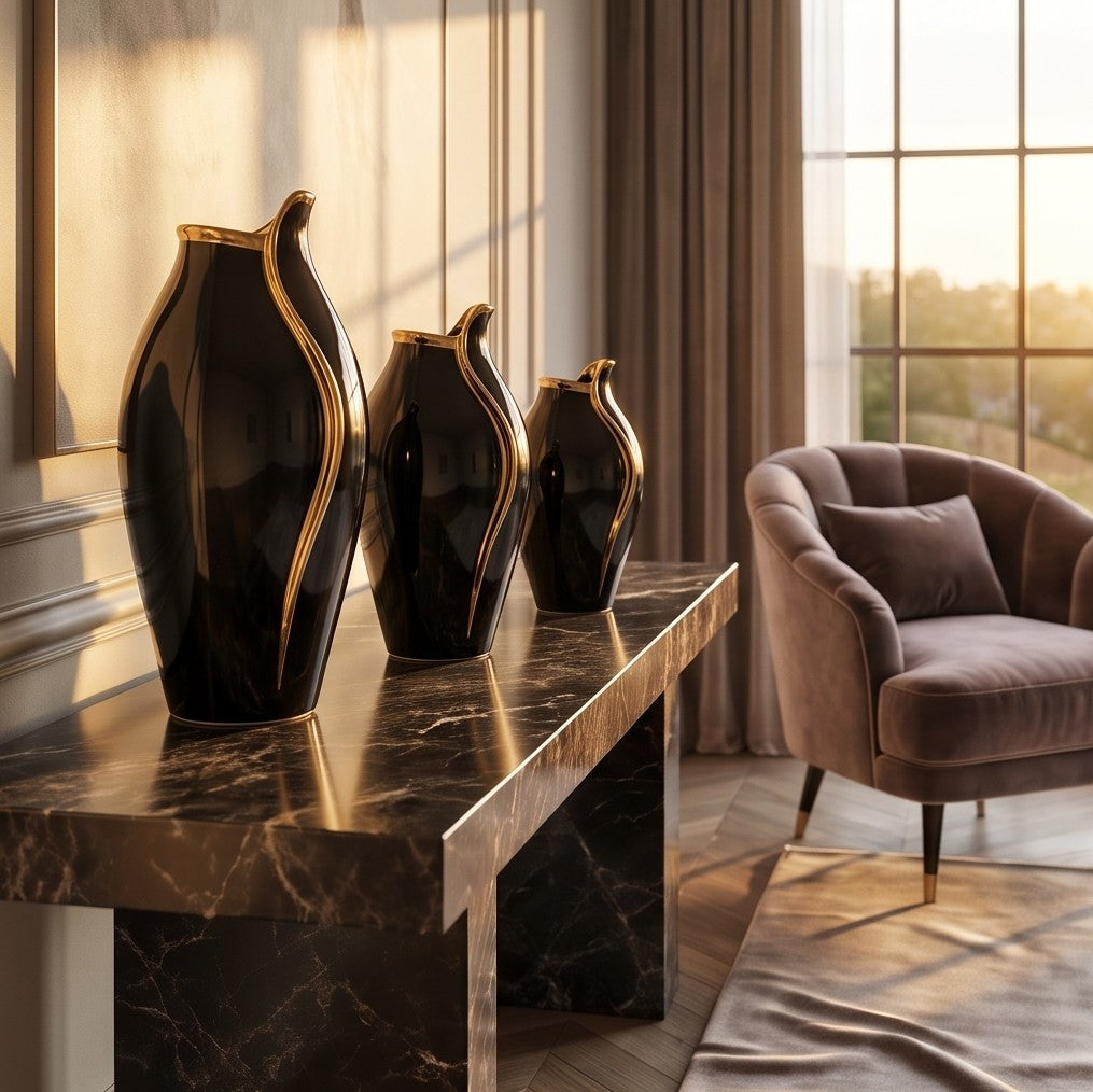 Gold Wave Black Ceramic Vase Set