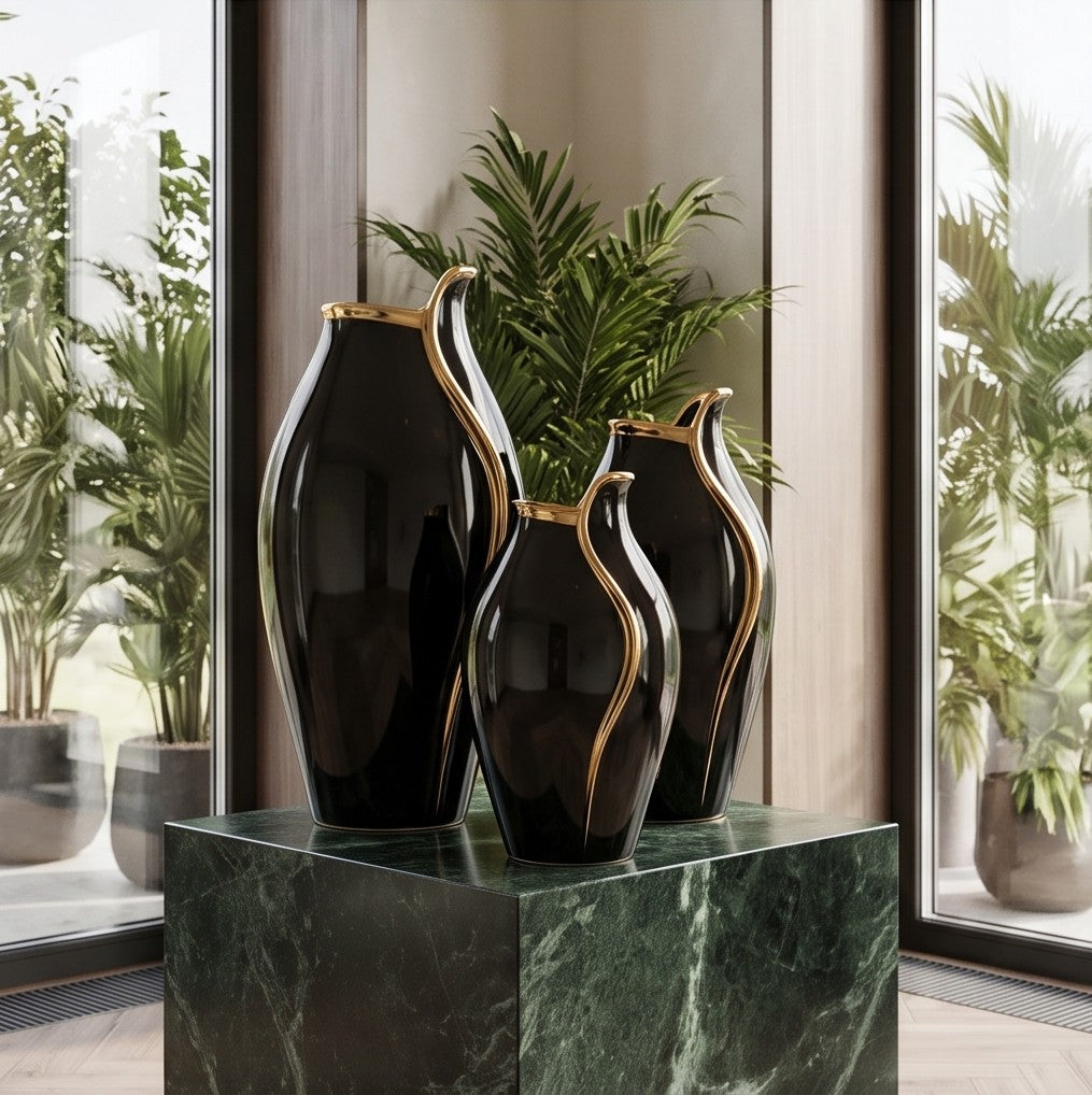 Gold Wave Black Ceramic Vase Set