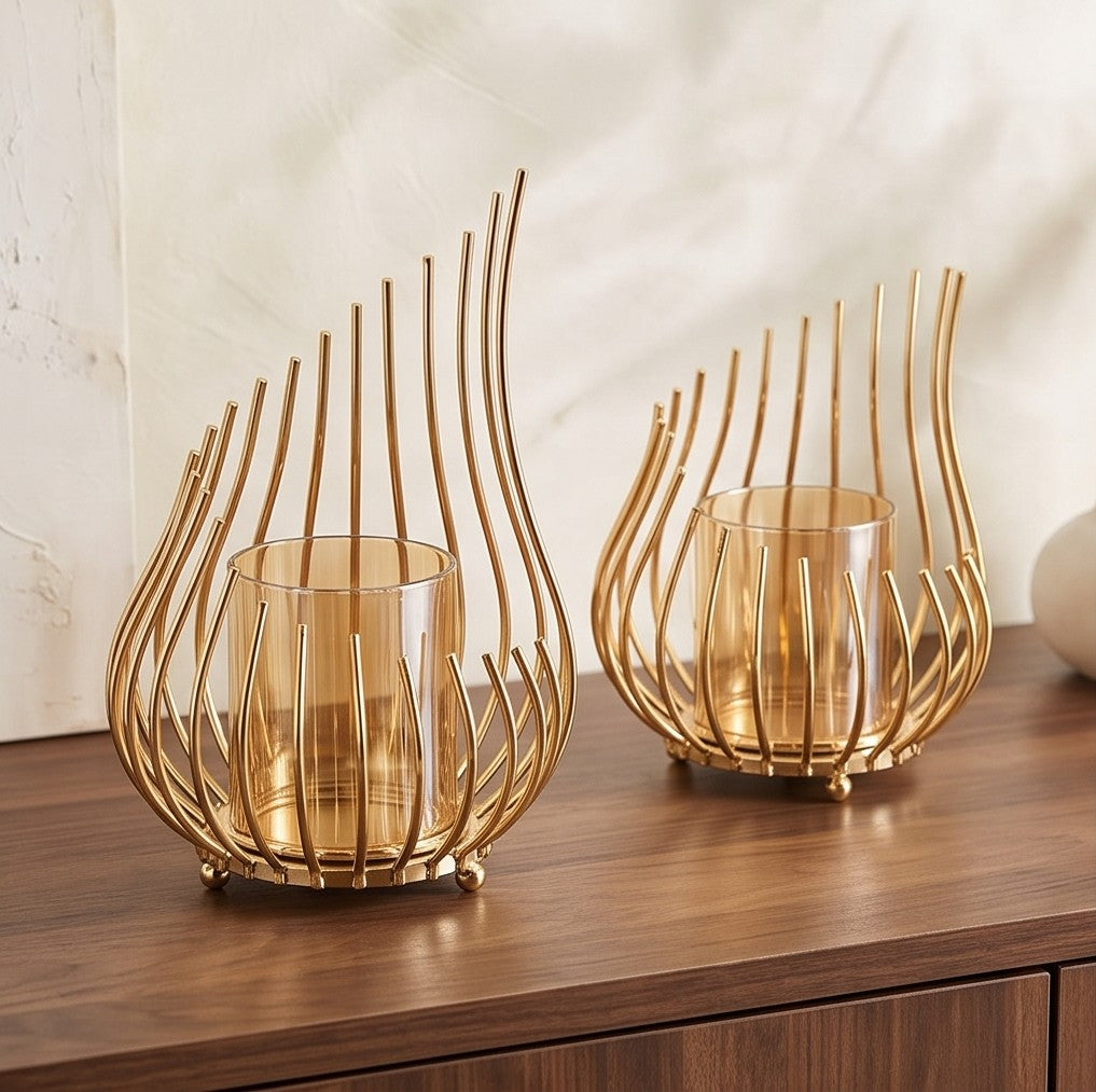 Metal candlestick Gold with honey glass