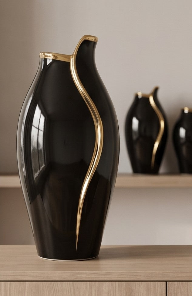 Gold Wave Black Ceramic Vase Set