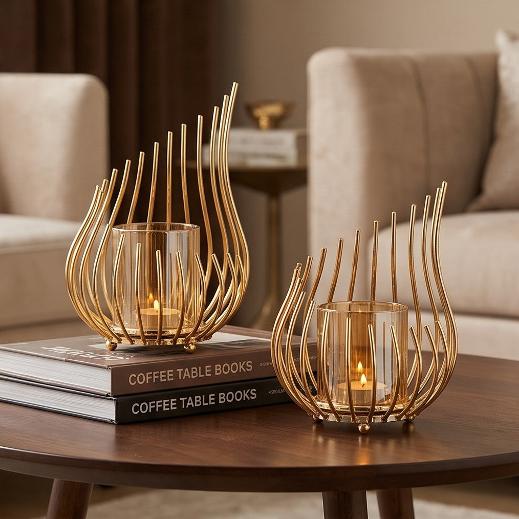 Metal candlestick Gold with honey glass
