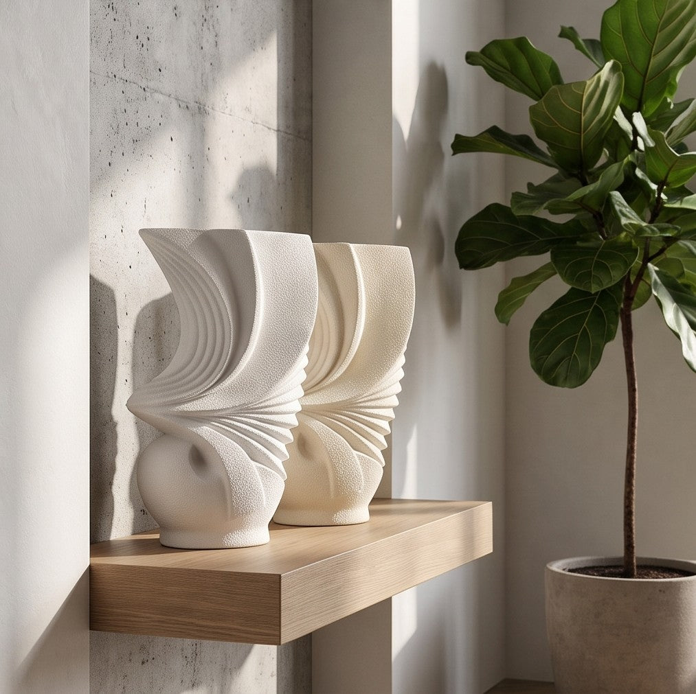 Next beige and white pleated ceramic vases