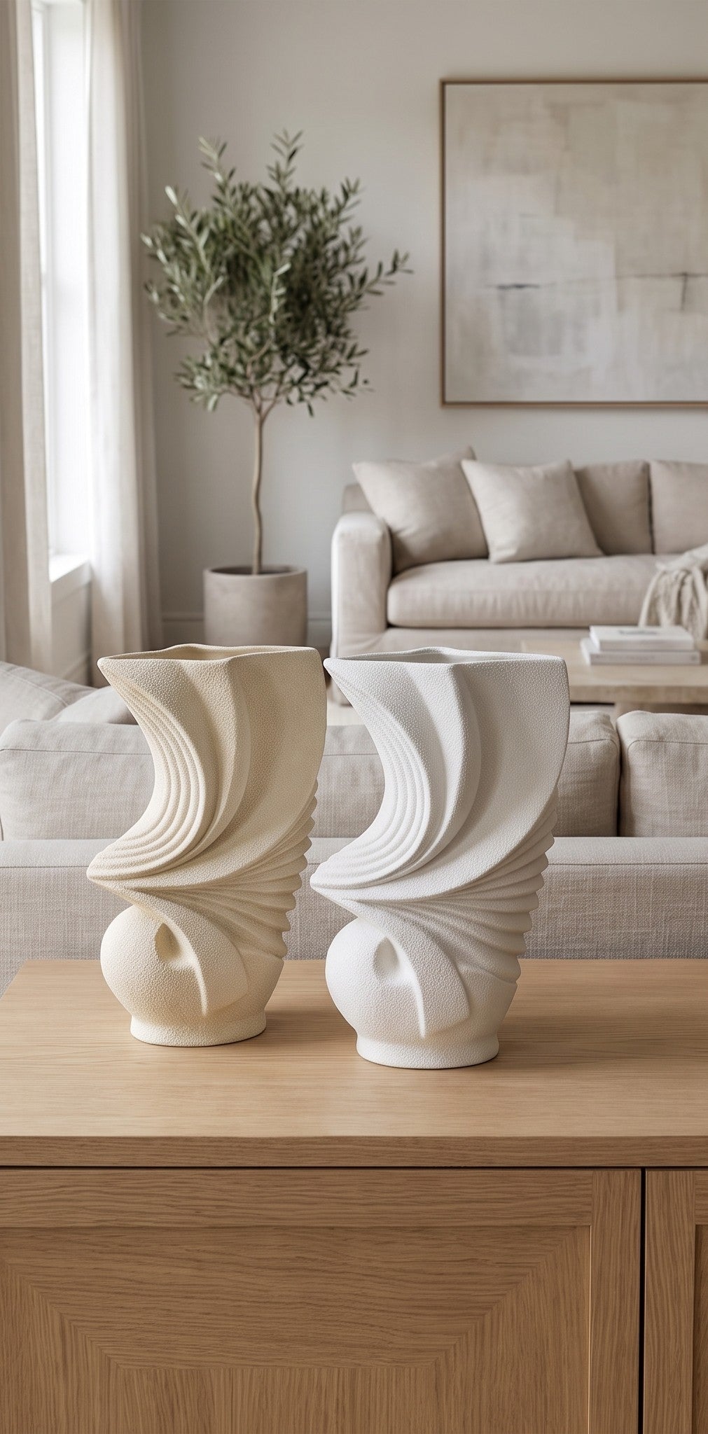 Next beige and white pleated ceramic vases