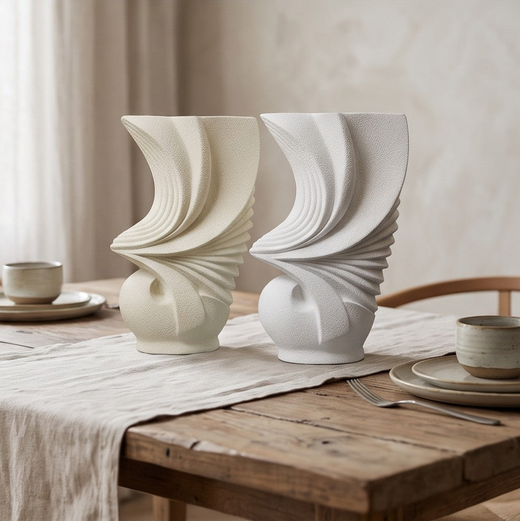 Next beige and white pleated ceramic vases